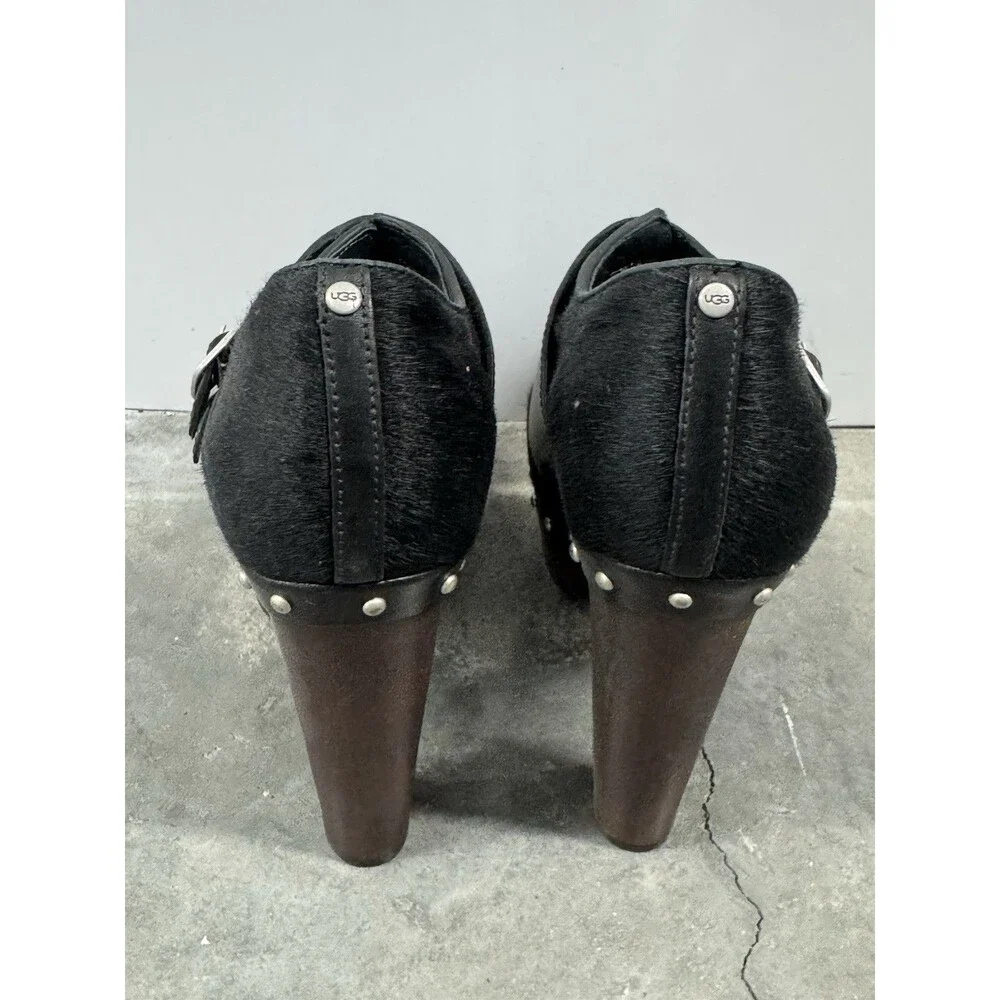 UGG Illana Black Pony Hair Platform High Heel Studded Sherpa Booties Heels   8.5